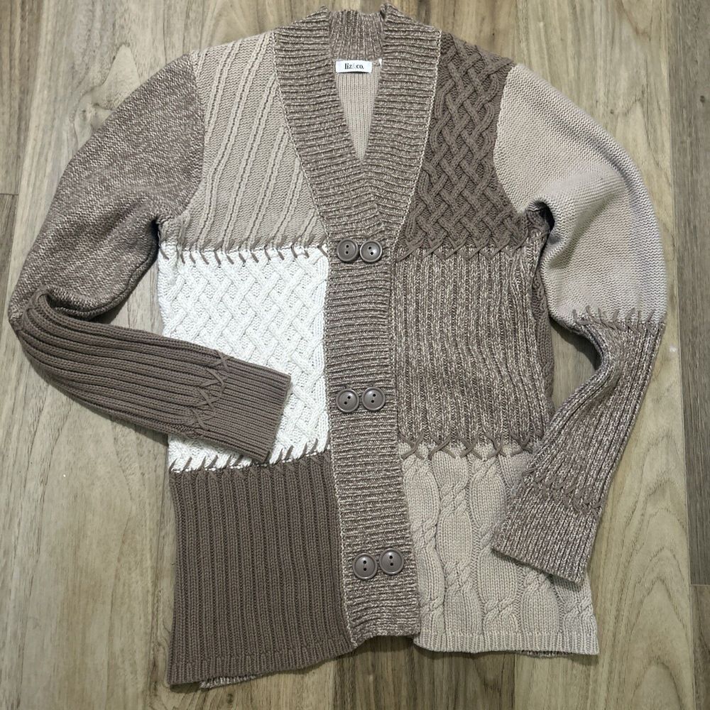 Liz & Co. Long Cardigan Sweater Beige/brown. Cotton Blend Med